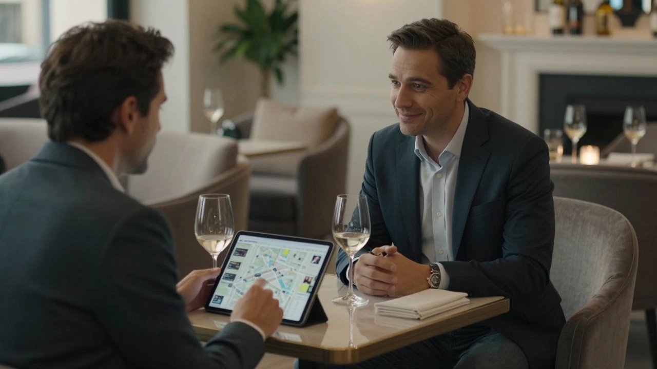 A client and companion having a respectful meeting in a luxury hotel lounge, sharing wine and a map.