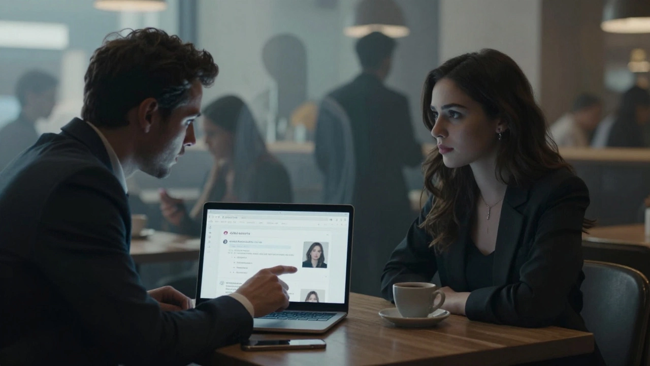 A man points at a screen with misspelled text about sex work while a woman sits calmly across from him in a café.