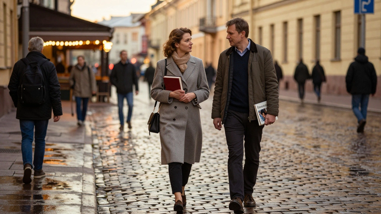 A Russian woman walking through St. Petersburg with a man, both engaged in deep conversation amid golden-hour streets.