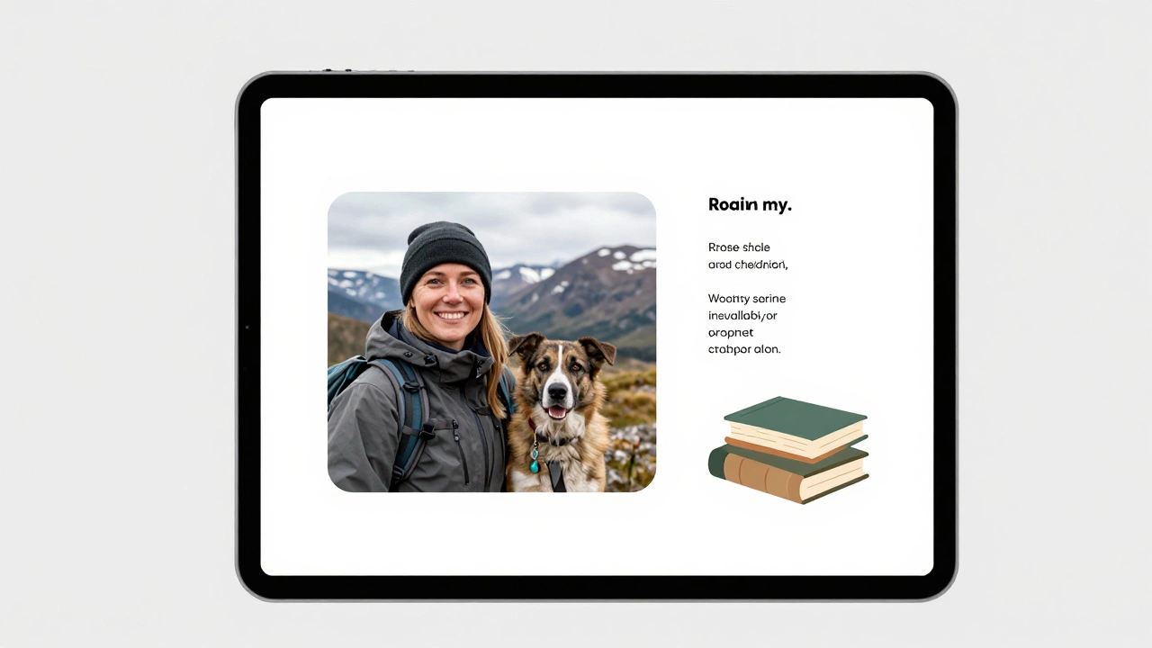 A woman&#039;s profile showing her hiking in Siberia with her dog and poetry books, conveying authenticity and personal interests.