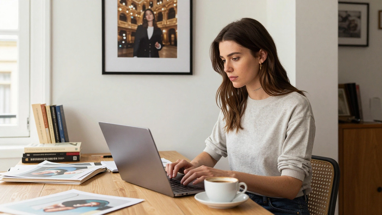 A young professional woman working in her cozy Bordeaux apartment, hinting at a quiet dual life.
