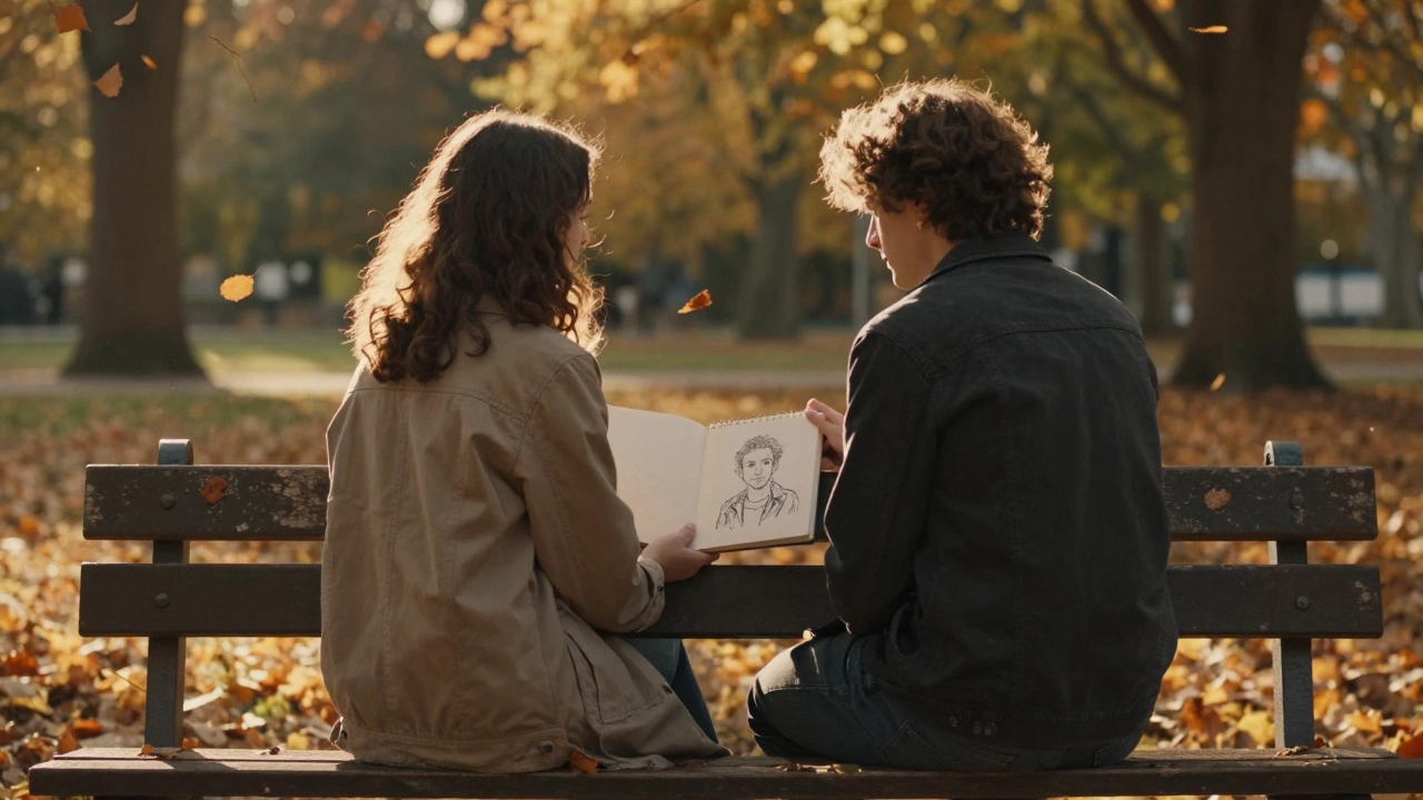 Two people sit quietly on a park bench at sunset, one holding a sketchbook, sharing a peaceful, unspoken connection.